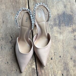 ZARA Nude Pointed Toe Slingback Heels with Crystal Strap